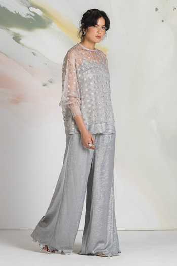 Buy_Ilk_Silver Silk Organza Embroidery High Neck Ditsy Mist Sheer Top _Online_at_Aza_Fashions