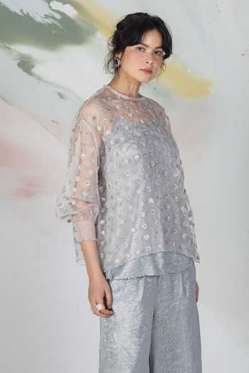Shop_Ilk_Silver Silk Organza Embroidery High Neck Ditsy Mist Sheer Top _Online_at_Aza_Fashions