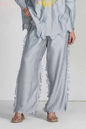 Ilk_Grey Silk Embroidery Lightfall Scallop Pant _Online_at_Aza_Fashions