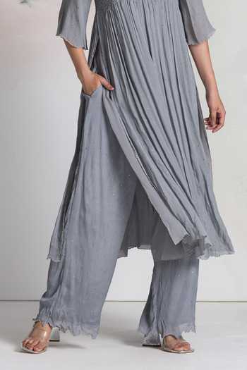 Ilk_Grey Chiffon, Mukaish Embroidery Starlight Straight Pant _Online_at_Aza_Fashions