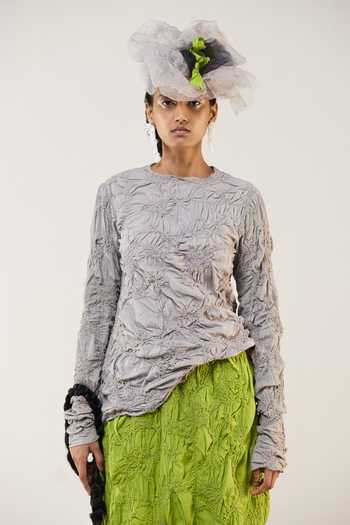 Shop_Ilk_Gray Silk Embroidery, Smocking Mosswood Smocked Top _Online_at_Aza_Fashions
