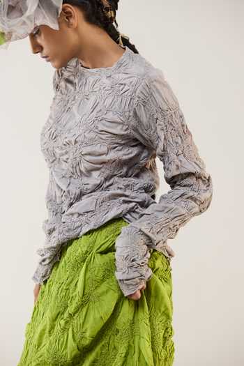 Buy_Ilk_Gray Silk Embroidery, Smocking Mosswood Smocked Top 
