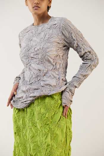 Shop_Ilk_Gray Silk Embroidery, Smocking Mosswood Smocked Top 