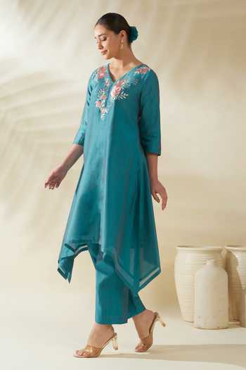 Shop_Origani_Blue Chanderi Silk Embroidery V-neck, Yes Resham Yoke Kurta And Pant Set _Online_at_Aza_Fashions