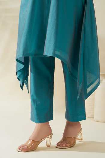Buy_Origani_Blue Chanderi Silk Embroidery V-neck, Yes Resham Yoke Kurta And Pant Set 