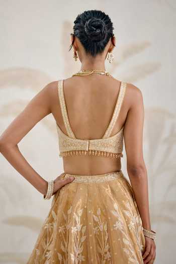 Shyam Narayan Prasad_Gold Silk, Organza, Tissue Gota Patti Sweetheart Neck Embroidered Lehenga Set _Online_at_Aza_Fashions