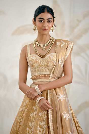Shop_Shyam Narayan Prasad_Gold Silk, Organza, Tissue Gota Patti Sweetheart Neck Embroidered Lehenga Set _Online_at_Aza_Fashions