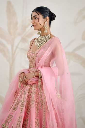Shyam Narayan Prasad_Pink Silk, Organza Embroidery Sweetheart Neck Zardozi Lehenga Set _Online_at_Aza_Fashions