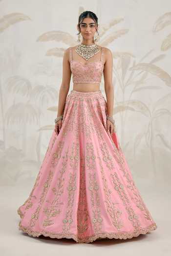Buy_Shyam Narayan Prasad_Pink Silk, Organza Embroidery Sweetheart Neck Zardozi Lehenga Set _Online_at_Aza_Fashions