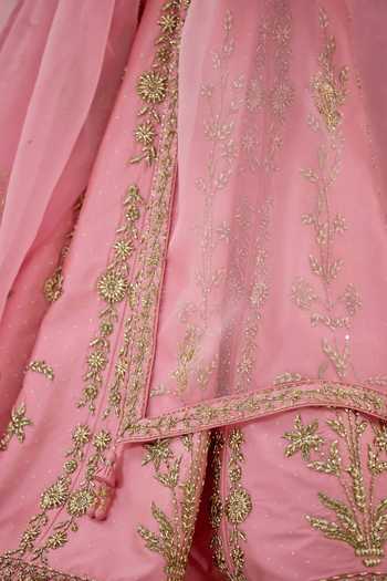 Shyam Narayan Prasad_Pink Silk, Organza Embroidery Sweetheart Neck Zardozi Lehenga Set _at_Aza_Fashions