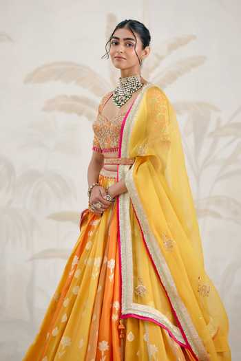 Shyam Narayan Prasad_Multi Color Organza, Georgette Embroidery, Tassels, Floral Woven Lehenga Set _Online_at_Aza_Fashions
