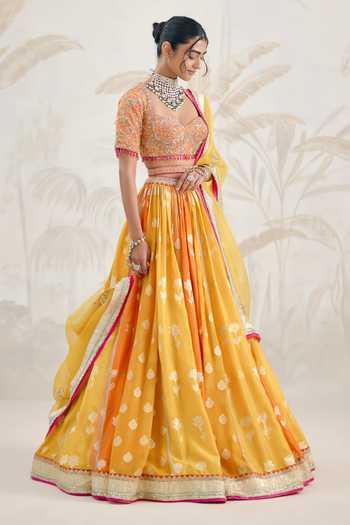 Buy_Shyam Narayan Prasad_Multi Color Organza, Georgette Embroidery, Tassels, Floral Woven Lehenga Set _Online_at_Aza_Fashions