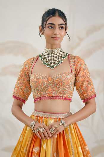 Shop_Shyam Narayan Prasad_Multi Color Organza, Georgette Embroidery, Tassels, Floral Woven Lehenga Set _Online_at_Aza_Fashions