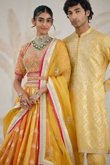 Shyam Narayan Prasad_Multi Color Organza, Georgette Embroidery, Tassels, Floral Woven Lehenga Set _at_Aza_Fashions