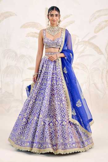 Shyam Narayan Prasad_Blue Silk Zari Sweetheart Neck Gold Embroidered Lehenga Set _Online_at_Aza_Fashions