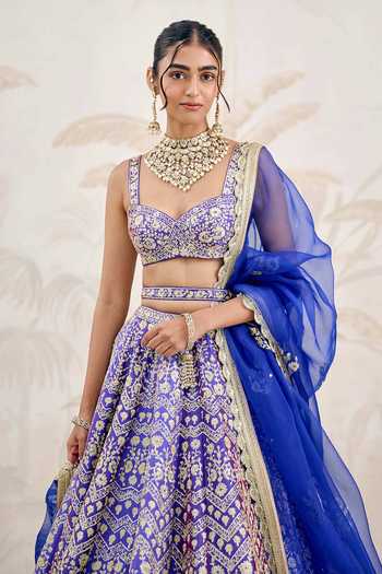 Buy_Shyam Narayan Prasad_Blue Silk Zari Sweetheart Neck Gold Embroidered Lehenga Set _Online_at_Aza_Fashions