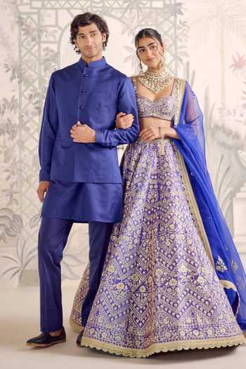Shop_Shyam Narayan Prasad_Blue Silk Zari Sweetheart Neck Gold Embroidered Lehenga Set _Online_at_Aza_Fashions