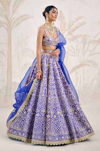 Shyam Narayan Prasad_Blue Silk Zari Sweetheart Neck Gold Embroidered Lehenga Set _at_Aza_Fashions
