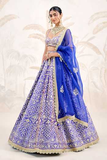 Buy_Shyam Narayan Prasad_Blue Silk Zari Sweetheart Neck Gold Embroidered Lehenga Set 