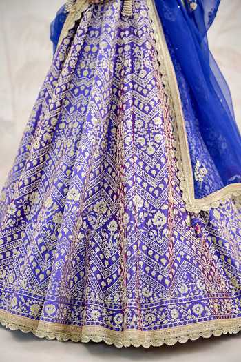 Shop_Shyam Narayan Prasad_Blue Silk Zari Sweetheart Neck Gold Embroidered Lehenga Set 