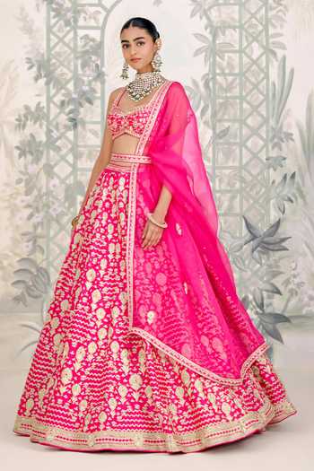 Buy_Shyam Narayan Prasad_Pink Silk Embroidery, Zari, Tassels Scoop Neck Dori Lehenga Set _Online_at_Aza_Fashions