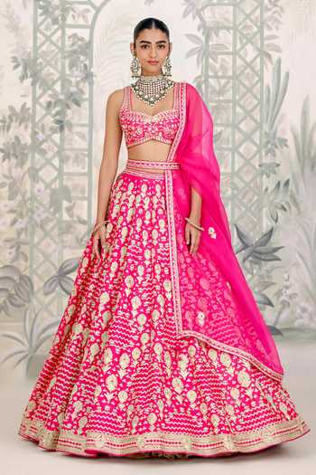 Shyam Narayan Prasad_Pink Silk Embroidery, Zari, Tassels Scoop Neck Dori Lehenga Set _at_Aza_Fashions