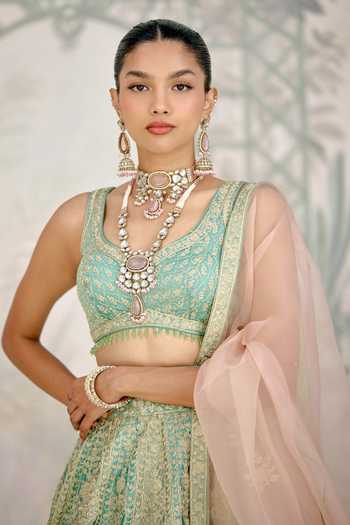 Shyam Narayan Prasad_Green Silk Zari, Embroidery Round Neck Dori Raw Lehenga Set _Online_at_Aza_Fashions