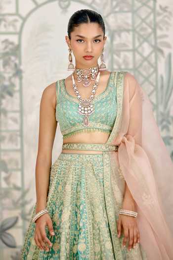 Buy_Shyam Narayan Prasad_Green Silk Zari, Embroidery Round Neck Dori Raw Lehenga Set _Online_at_Aza_Fashions
