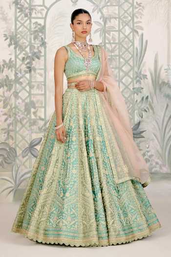 Shop_Shyam Narayan Prasad_Green Silk Zari, Embroidery Round Neck Dori Raw Lehenga Set _Online_at_Aza_Fashions