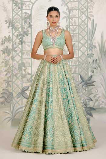 Shyam Narayan Prasad_Green Silk Zari, Embroidery Round Neck Dori Raw Lehenga Set _at_Aza_Fashions