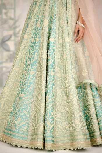 Buy_Shyam Narayan Prasad_Green Silk Zari, Embroidery Round Neck Dori Raw Lehenga Set 