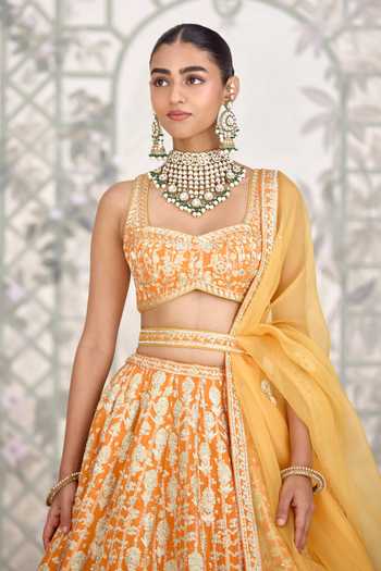 Shyam Narayan Prasad_Orange Silk Embroidery, Zari Sweetheart Neck Gold Lehenga Set _Online_at_Aza_Fashions