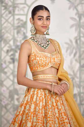Buy_Shyam Narayan Prasad_Orange Silk Embroidery, Zari Sweetheart Neck Gold Lehenga Set _Online_at_Aza_Fashions