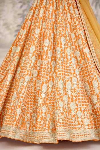 Shop_Shyam Narayan Prasad_Orange Silk Embroidery, Zari Sweetheart Neck Gold Lehenga Set _Online_at_Aza_Fashions