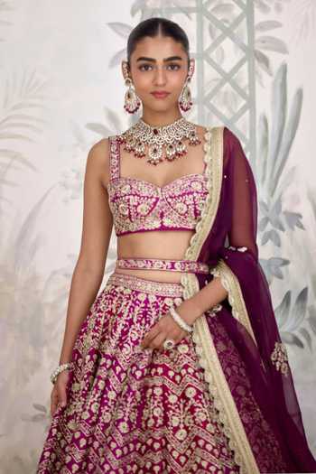 Buy_Shyam Narayan Prasad_Maroon Silk Embroidery, Zari Sweetheart Neck Dori Lehenga Set _Online_at_Aza_Fashions