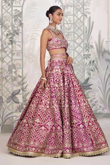 Shop_Shyam Narayan Prasad_Maroon Silk Embroidery, Zari Sweetheart Neck Dori Lehenga Set _Online_at_Aza_Fashions