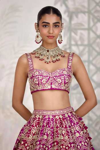 Shyam Narayan Prasad_Maroon Silk Embroidery, Zari Sweetheart Neck Dori Lehenga Set _at_Aza_Fashions