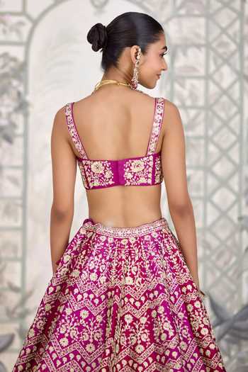 Buy_Shyam Narayan Prasad_Maroon Silk Embroidery, Zari Sweetheart Neck Dori Lehenga Set 