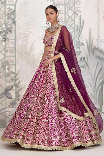 Shop_Shyam Narayan Prasad_Maroon Silk Embroidery, Zari Sweetheart Neck Dori Lehenga Set 