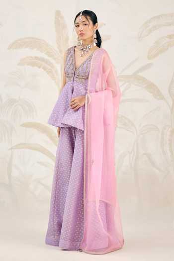 Shyam Narayan Prasad Purple Brocade Embroidery V-neck Zardozi Top Sharara Set Online at Aza Fashions Shyam Narayan Prasad_Purple Brocade Embroidery V-neck Zardozi Top Sharara Set _Online_at_Aza_Fashions