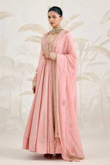 Shyam Narayan Prasad Pink Organza, Georgette Zari V-neck Zardozi Embroidered Anarkali Set Online at Aza Fashions Shyam Narayan Prasad_Pink Organza, Georgette Zari V-neck Zardozi Embroidered Anarkali Set _Online_at_Aza_Fashions