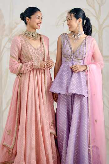 Buy Shyam Narayan Prasad Pink Organza, Georgette Zari V-neck Zardozi Embroidered Anarkali Set Online at Aza Fashions Buy_Shyam Narayan Prasad_Pink Organza, Georgette Zari V-neck Zardozi Embroidered Anarkali Set _Online_at_Aza_Fashions