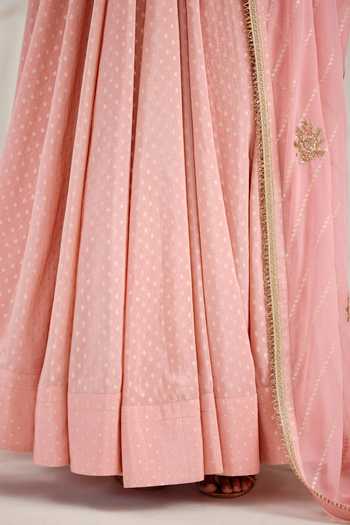 Shop Shyam Narayan Prasad Pink Organza, Georgette Zari V-neck Zardozi Embroidered Anarkali Set Online at Aza Fashions Shop_Shyam Narayan Prasad_Pink Organza, Georgette Zari V-neck Zardozi Embroidered Anarkali Set _Online_at_Aza_Fashions