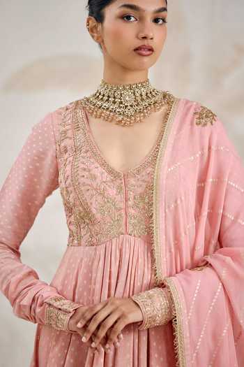 Buy Shyam Narayan Prasad Pink Organza, Georgette Zari V-neck Zardozi Embroidered Anarkali Set Buy_Shyam Narayan Prasad_Pink Organza, Georgette Zari V-neck Zardozi Embroidered Anarkali Set