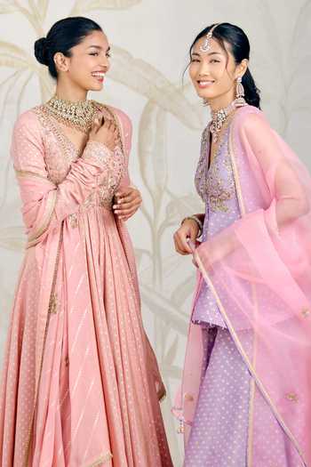Shop Shyam Narayan Prasad Pink Organza, Georgette Zari V-neck Zardozi Embroidered Anarkali Set Shop_Shyam Narayan Prasad_Pink Organza, Georgette Zari V-neck Zardozi Embroidered Anarkali Set