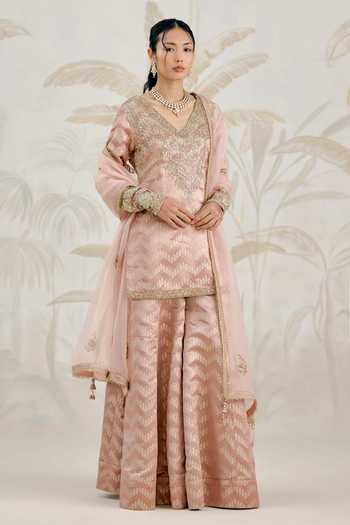 Shyam Narayan Prasad_Pink Silk, Brocade Embroidery V-neck, Yes Zardozi Kurta Sharara Set _at_Aza_Fashions