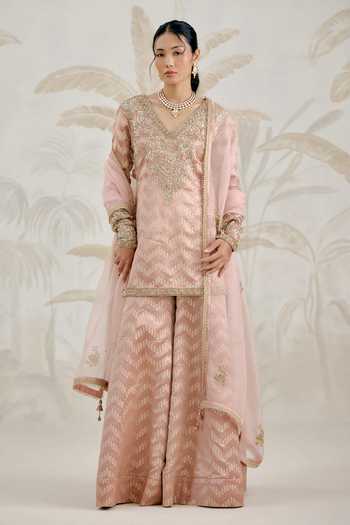 Buy_Shyam Narayan Prasad_Pink Silk, Brocade Embroidery V-neck, Yes Zardozi Kurta Sharara Set 