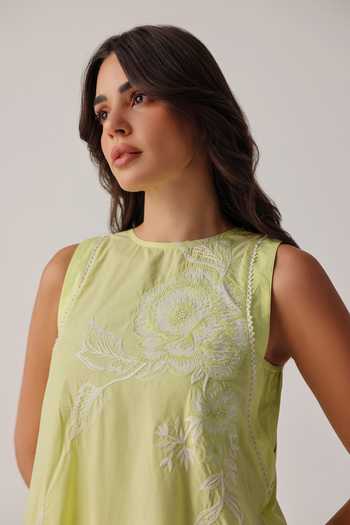 NOIB_Yellow Poplin Embroidery, Tassels Round Neck Harper Hand Dress _Online_at_Aza_Fashions