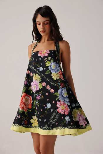 Buy_NOIB_Black Linen, Viscose Halter Neck Hazel Floral Print Dress _Online_at_Aza_Fashions