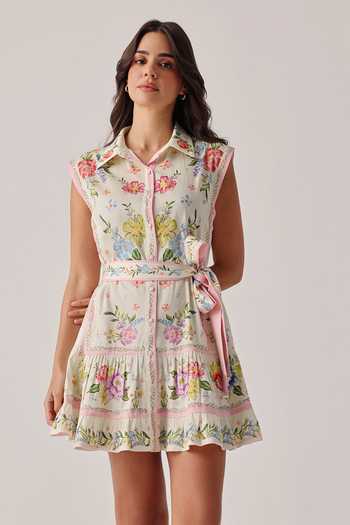 NOIB_Multi Color Cotton Satin Tassels Collared Vega Floral Print Dress And Belt Set _Online_at_Aza_Fashions